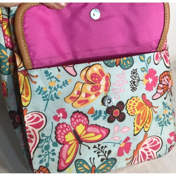 Lily Bloom Butterfly Print Crossbody Bag Tan Trim Pink Lining Pockets 10" x 9" - Picture 3 of 16